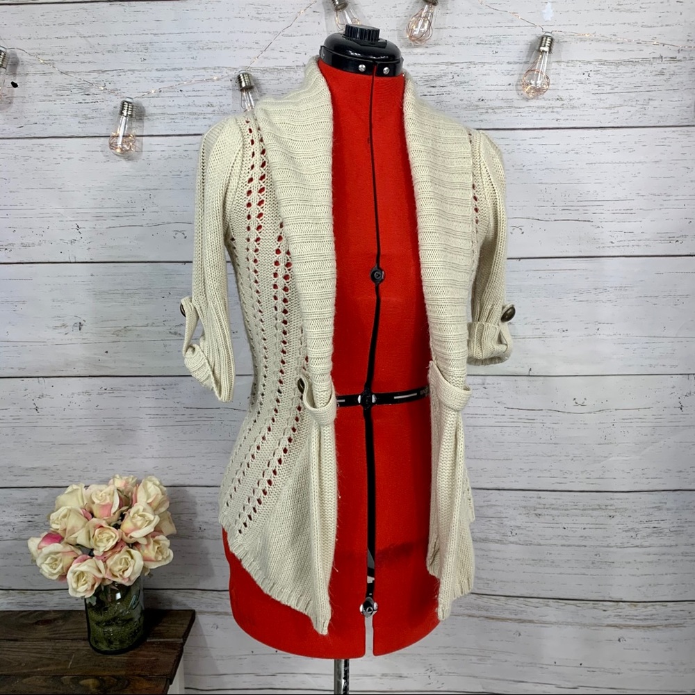 XHILARATION Cream 3/4 Sleeve Open Front Cardigan